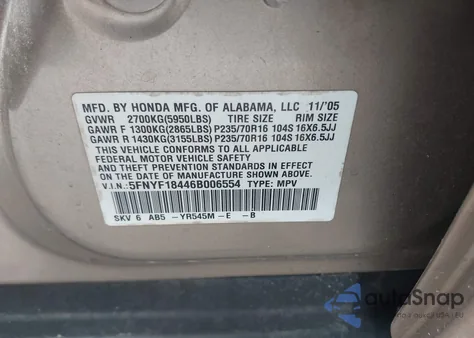 2006 Honda Pilot Ex из США, поврежденный, VIN 5FNYF18446B006554